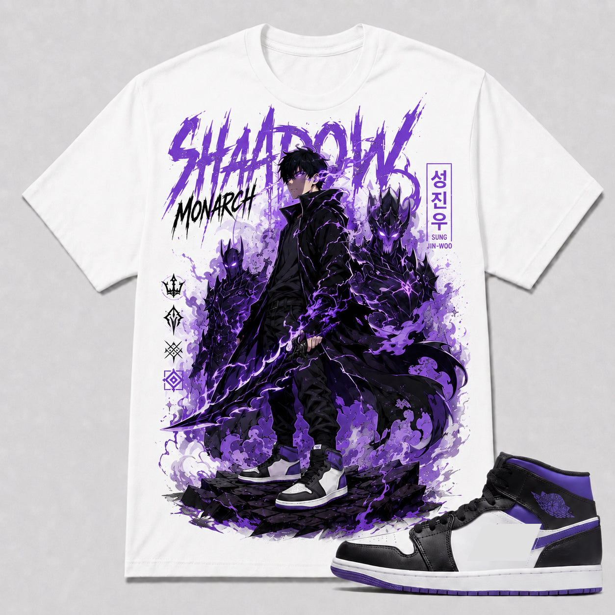 "Sung Jin Woo Shadow Monarch" Shirt To Match AJ 1 Mid Mid Court Purple, AJ 1 Matching Shirt
