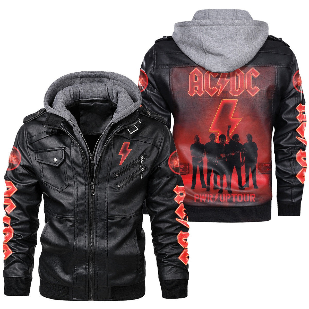AC Power Up Tour Leather Jacket with Hood Black Q070505