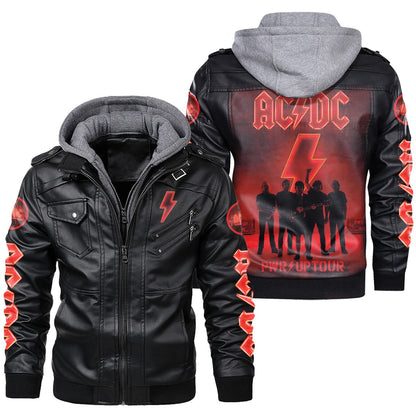 AC Power Up Tour Leather Jacket with Hood Black Q070505