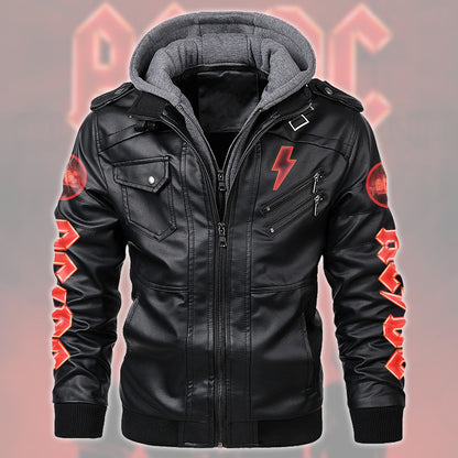 AC Power Up Tour Leather Jacket with Hood Black Q070505
