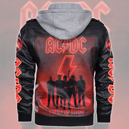 AC Power Up Tour Leather Jacket with Hood Black Q070505
