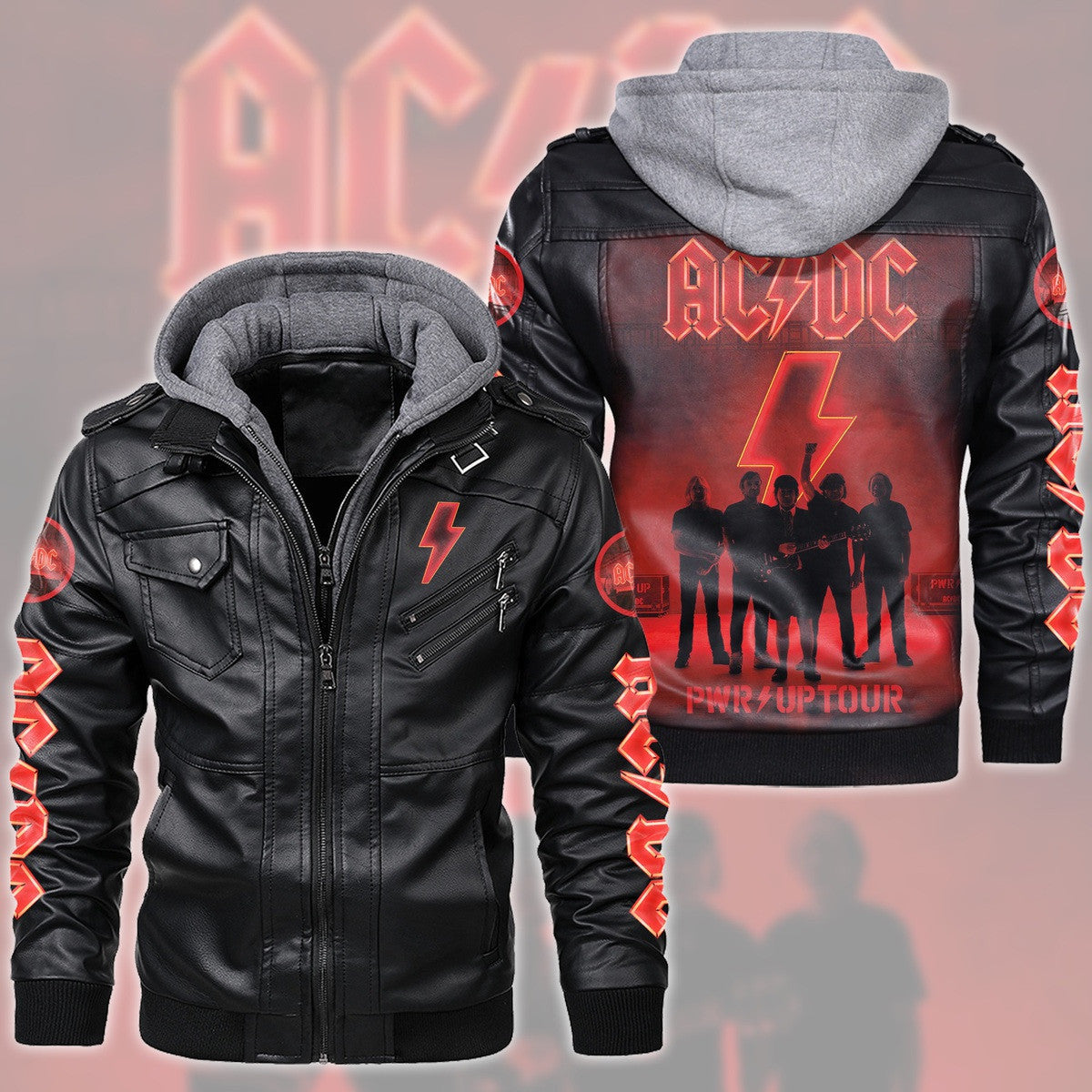 AC Power Up Tour Leather Jacket with Hood Black Q070505