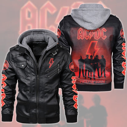 AC Power Up Tour Leather Jacket with Hood Black Q070505