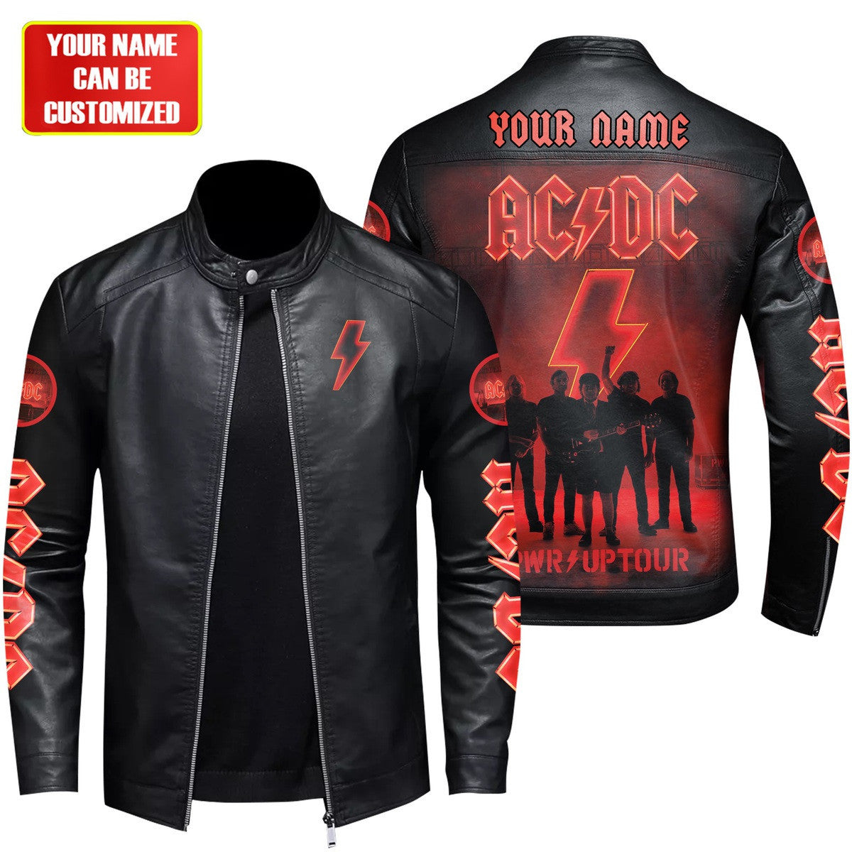 Personalized AC Power Up Tour Leather Bomber Stand Collar Jacket Q070506