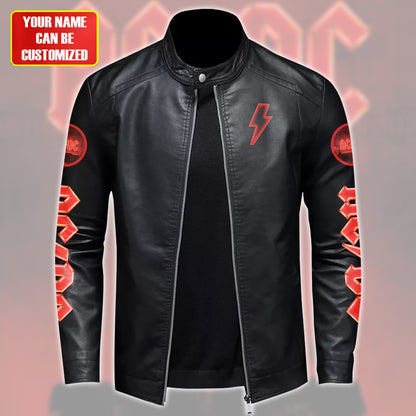 Personalized AC Power Up Tour Leather Bomber Stand Collar Jacket Q070506