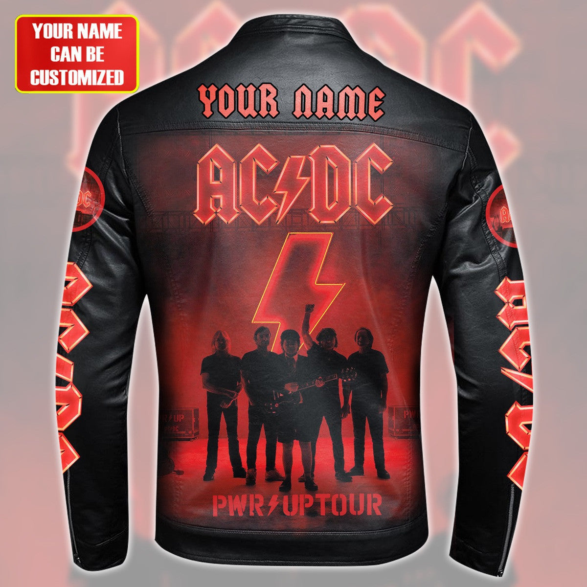 Personalized AC Power Up Tour Leather Bomber Stand Collar Jacket Q070506