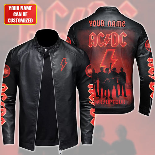 Personalized AC Power Up Tour Leather Bomber Stand Collar Jacket Q070506